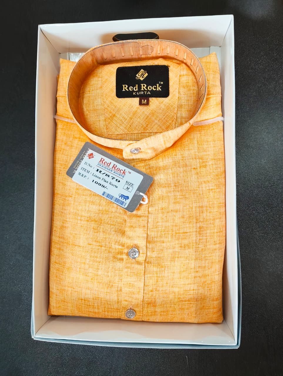 Men Solid Cotton Linen Straight Kurta - ORANGE (SIZE-M) 